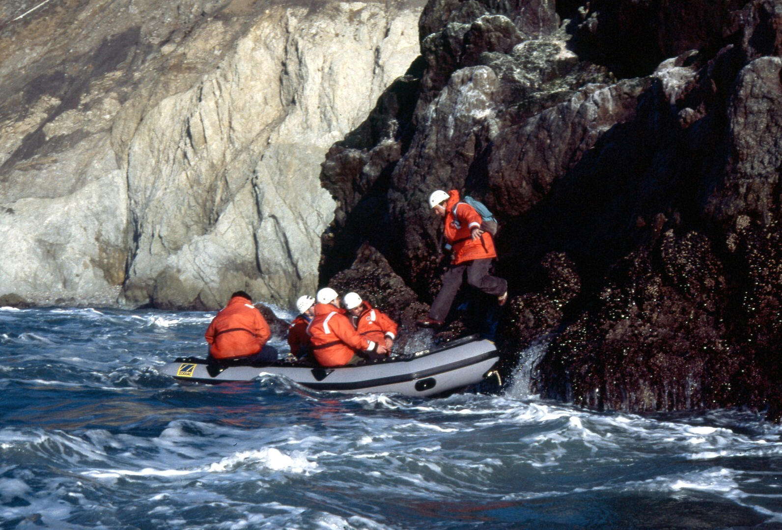 Harry Carter picking up murre team at Devil's Slide Rock