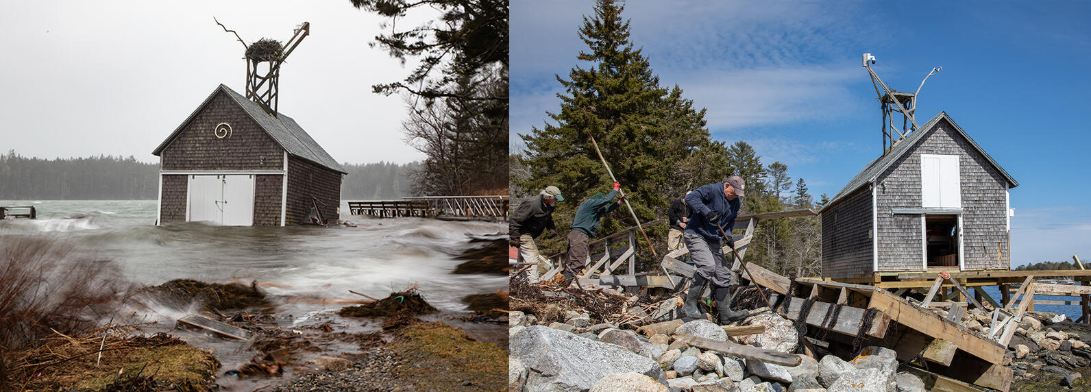 Hog Island Boathouse during flooding and volunteers cleaning up