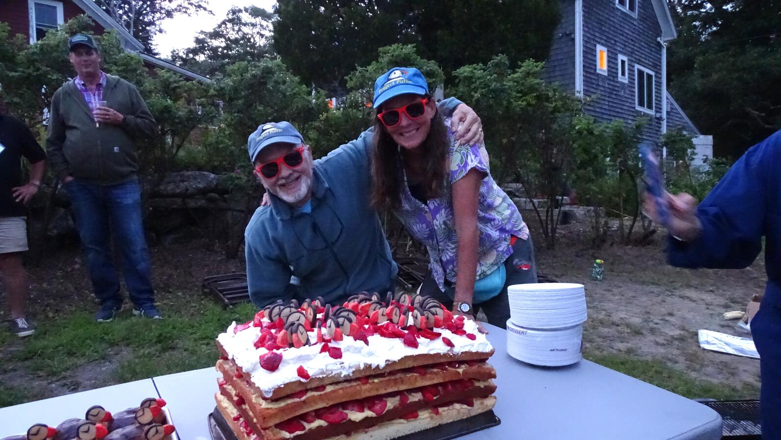 Steve Kress and Seabird Sue Schubel with Raft of Puffins Cake
